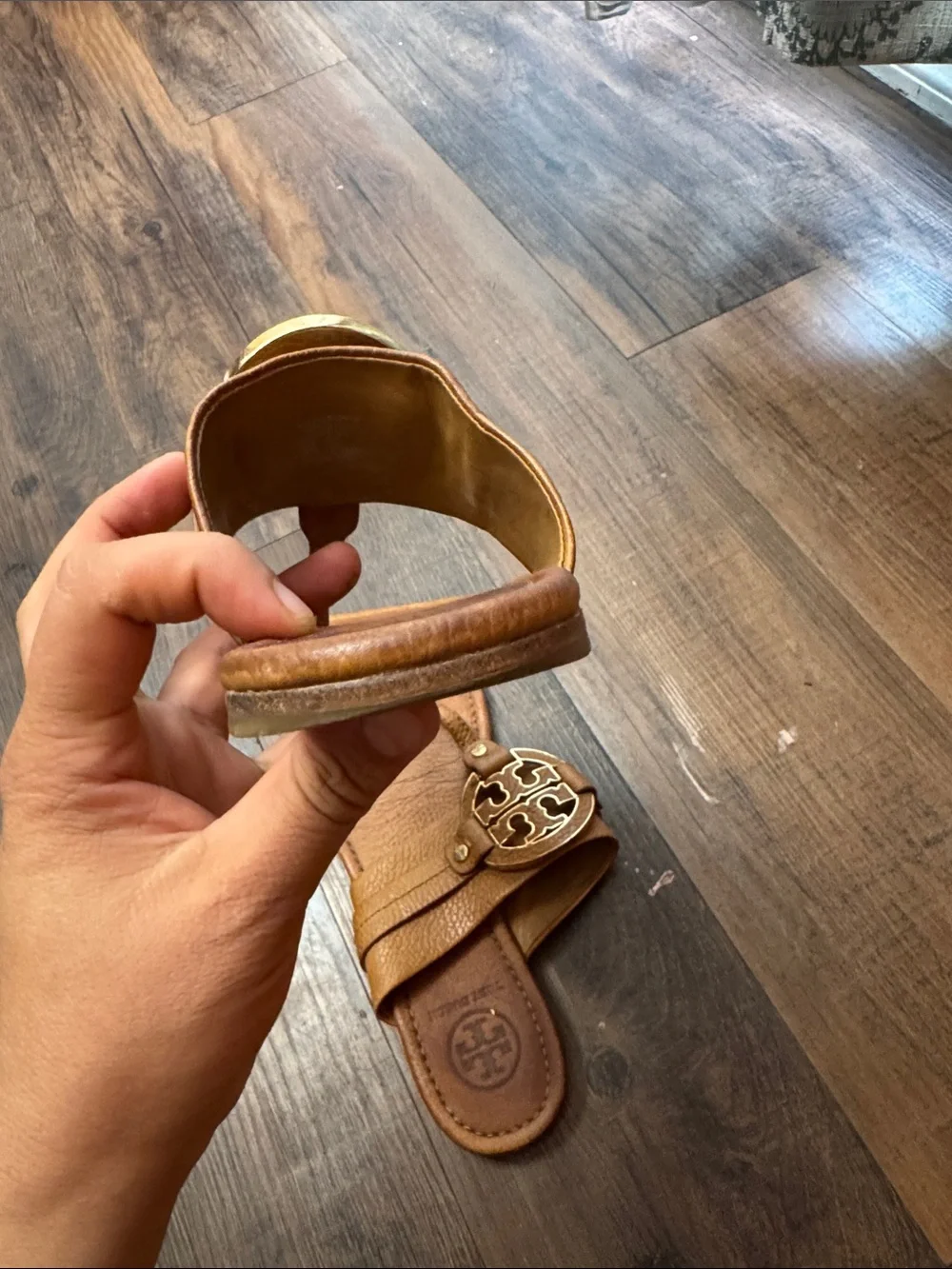 Tory Burch Tan Leather Logo Thong Sandals